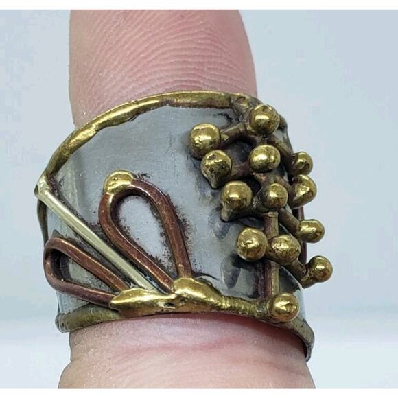 Mixed Metal Ring Brutalist MCM Chunky Cuff Adjustable 3D Biker Large Size Artist - Picture 2 of 14